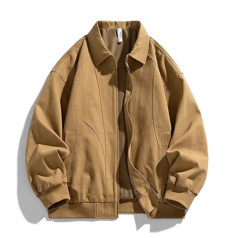 Threebooy  Khaki Detroit Work Jacket Men's Spring Trendy American Retro Cleanfit Contrast Lapel Jacket Simple Elegant Preppy Coat