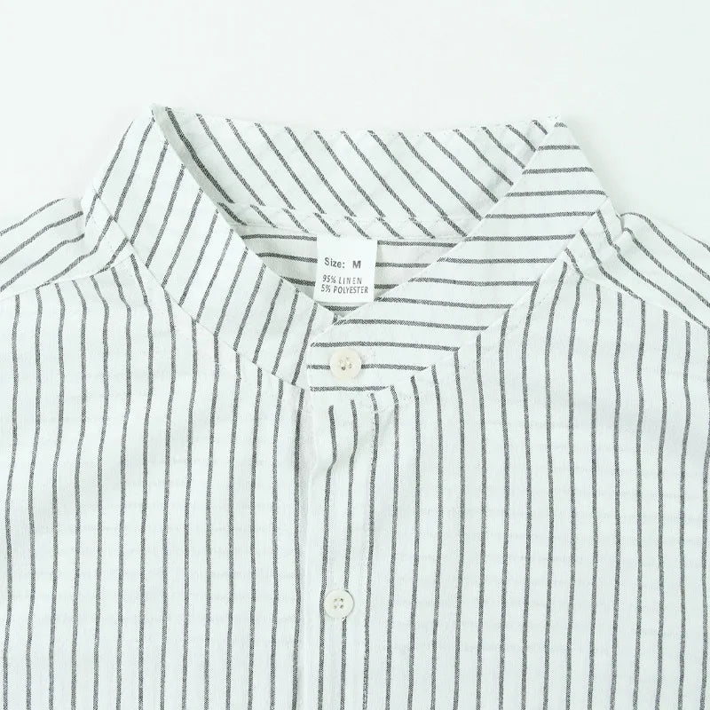 Threebooy 2025 New Autumn New Men's Casual Shirt Business Casual Style Linen Shirt Striped Stand Collar Long Sleeve Cardigan Shirt Men