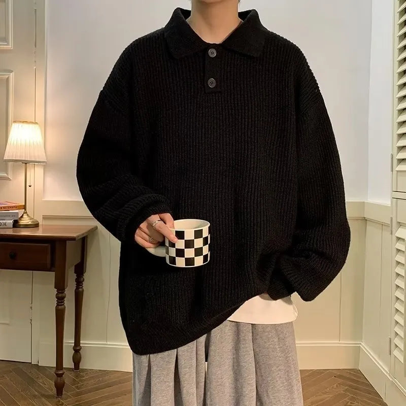 Threebooy Autumn Clothing Men's Luxury Knitted Pullovers Sweater Long Sleeve Polo Shirt Texture Lapel Premium Solid Color Fashion Knitwear
