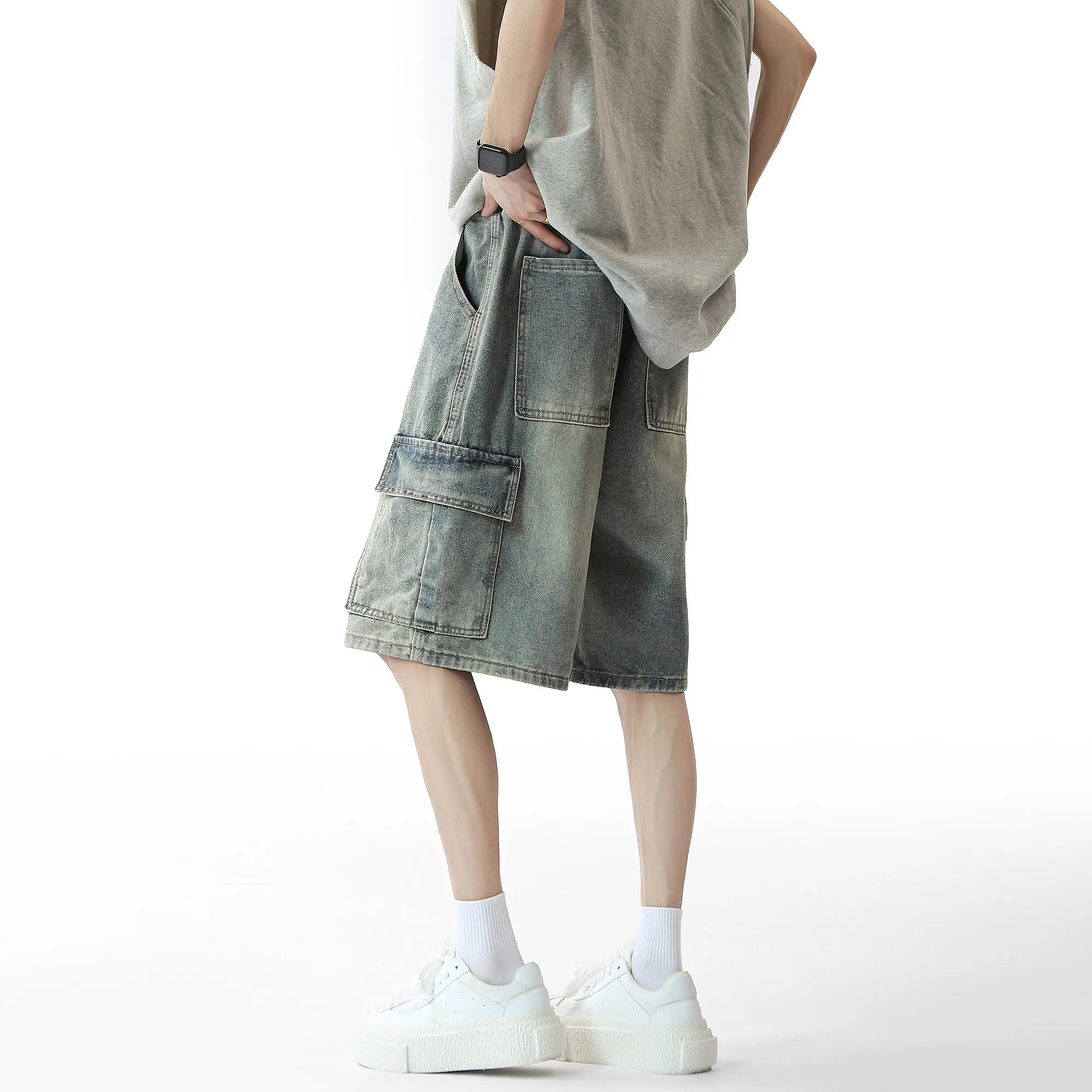Threebooy Mens Denim Shorts Washed Cargo Drawstring waist Jorts Multi Pocket Workwear Casual Side Large Pockets Stretchy Waistband Outdoor