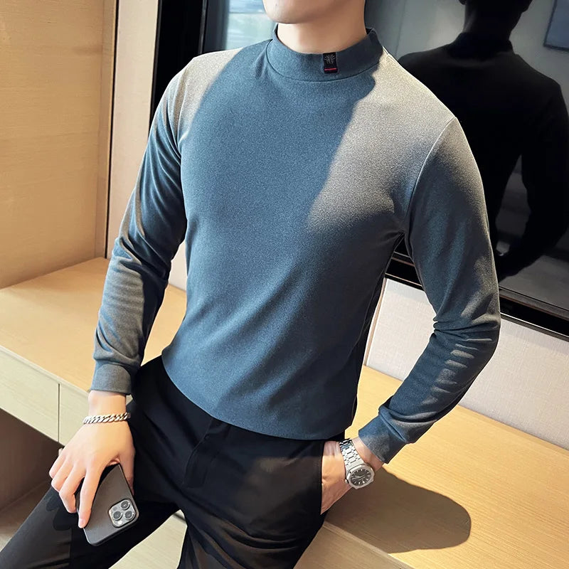 Threebooy British Style Men Spring High Quality Casual Long-sleeved T-shirts/Male High Collar Slim Fit Thickening Keep Warm T-shirts S-3XL