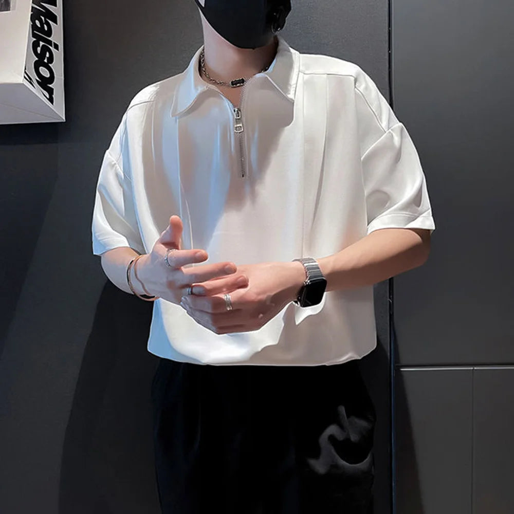 Threebooy Mens Shirt Half Zip Casual Shirt Summer British Daily Business Commuting Office Solid Color Short-Sleeve Top Men'S Clothing