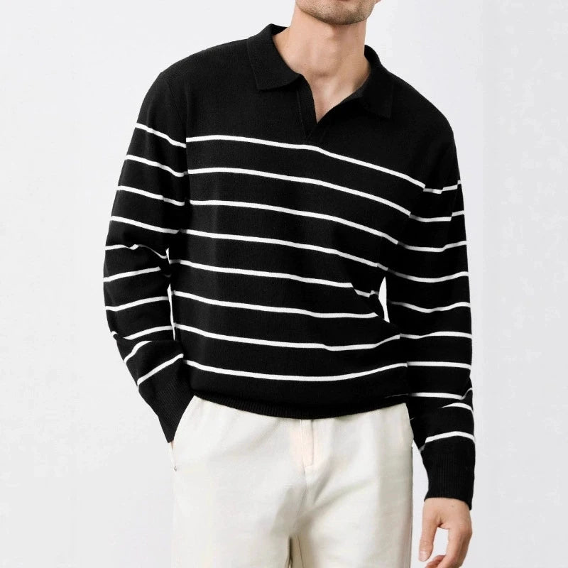 Threebooy British Retro Patchwork Men Polo Sweater Luxury Trendy V Neck Knit Solid Color Pullovers Leisure Slim Long Sleeve Knitwear M-3XL