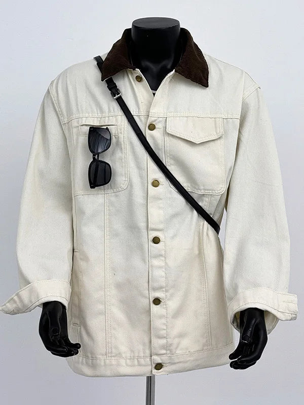 Threebooy American Casual Coat Contrasting Color Splicing Design Denim Workwear Men's High Street Trend Retro Personality Lapel Jacket