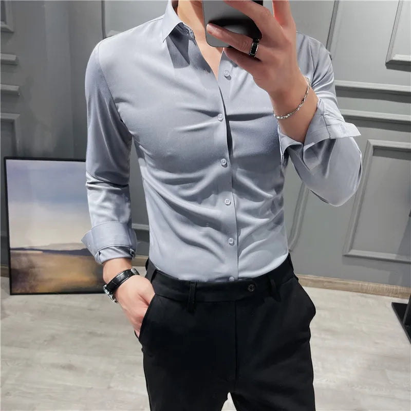 Threebooy British Style Men High-Grade Long-Sleeve Shirts/Male Slim Fit Business Casual Lapel Shirt Dress Shirt Tops Plus Size S-4XL