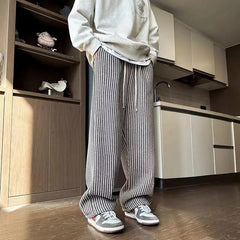 Threebooy American retro black vertical striped casual pants for men and women trend lazy loose drawstring straight leg wide leg pants y2k