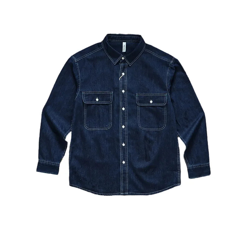 Threebooy  Spring And Autumn Men's Denim Long Sleeved Shirt With Double Pockets American Work Style Loose Fitting Washed Denim Shirt Jacket