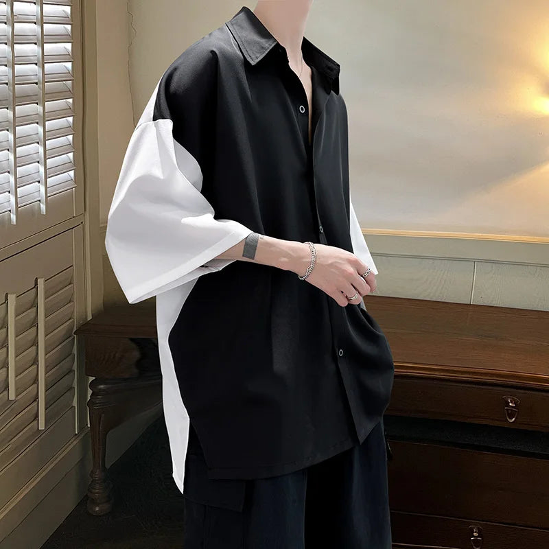 Threebooy Summer Short Sleeved Shirt Men Contrasting Color Casual Shirt Men Streetwear Korean Loose Ice Silk Shirt Mens Oversized Shirts