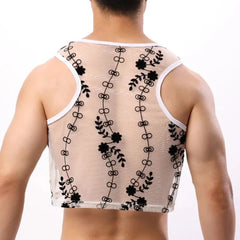 Threebooy Mens Short Vest Transparent Sexy Flower Pattern Vest See-Through Sexy Clothing Breathable Mesh Sleeveless Vest Lgbt Gay Boys