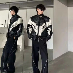 Threebooy American Retro Racing Coat Couple Outfit Splicing Contrasting Motorcycle Suit Leather Jacket Korean Style Loose Handsome Jacket