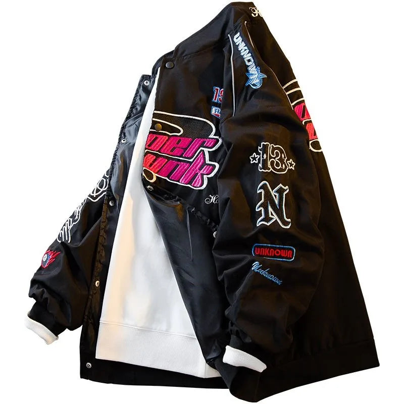 Threebooy Men's Jacket High Street Vintage Retro Locomotive Baseball Uniform Spring Autumn Loose Single-breasted Embroidered Jackets