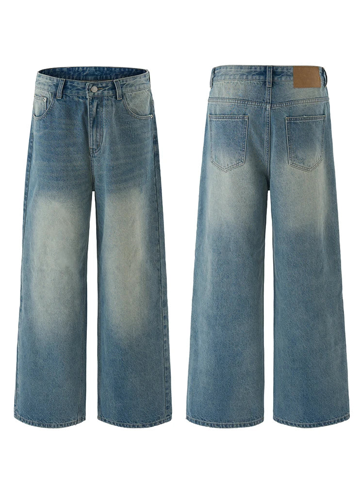Threebooy 2025 Autumn Men's Wide-leg Jeans Comfortable Loose Casual Straight Trousers American Classic Retro Wash Cotton Denim Pants