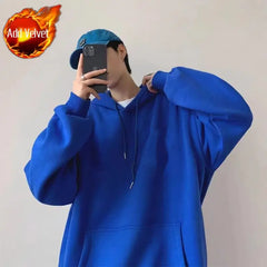 Threebooy  Men's Plain Thickened Hooded Sweatshirt Autumn Winter Ins Fashion Loose Fit Oversize Couple Wear Outerwear