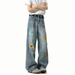Threebooy Jeans Men Washed Embroidered Jeans Loose Fit Straight Wide Leg Casual Denim Pants Fashion Trendy Streetwear Trousers Comfort