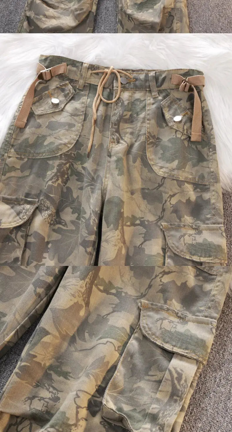 Threebooy Gothic Harajuku American Camouflage Drawstring Casual Trousers Leaf Pattern High Street Hip Hop Y2k Straight Leg Wide Leg Pants