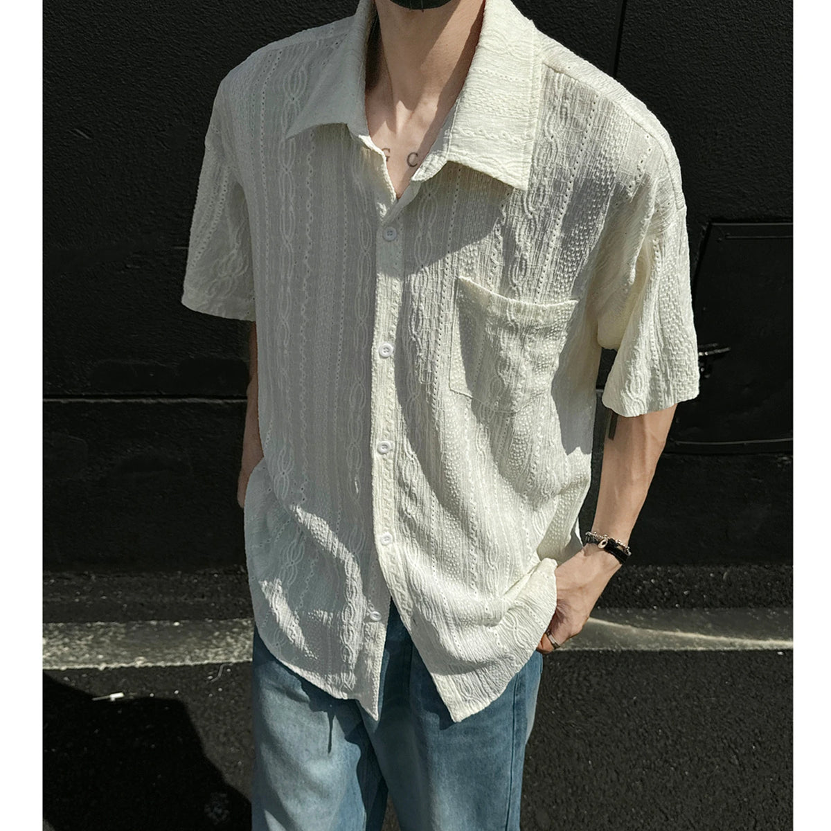 Threebooy Rice White Hollow Out Shirts for Men Handsome Lapel Blouse Ice Silk Sexy Fashion Men Clothing Male Mesh Short Sleeve Shirts