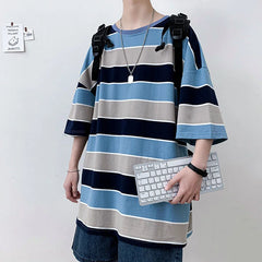 Threebooy Contrast Color Striped T-shirt Summer All-match Fashion Trend Loose Top Casual Classic Short Sleeves O-neck Men Clothes Oversize