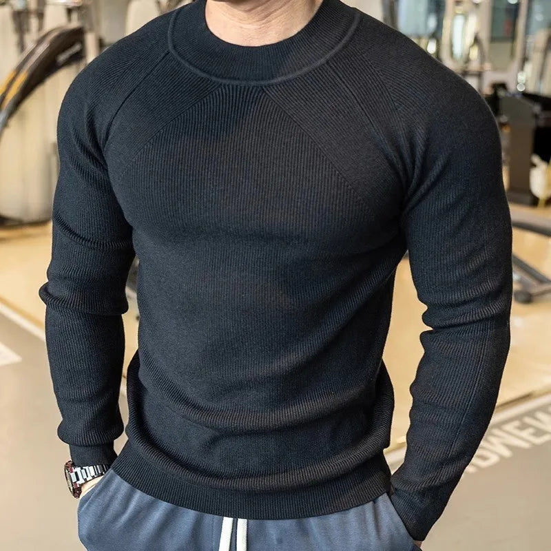 Threebooy  New American Style Men Basic Sweater Fashion Fitness Knit Solid Color Long Sleeve Pullover Casual O Neck Retro Splicing Knitwear