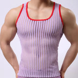 Threebooy Summer Mens Undershirts Sleeveless Striped Shirts Solid Color Vest Male Mesh Sexy Transparent Tees Bottoming Shirt Men Sexy Wear