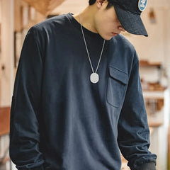 Threebooy Japanese Vintage Long Sleeve T-shirt for Men Patchwork Pocket Loose O-neck Tops Solid Color 100% Cotton Casual Sweatshirt