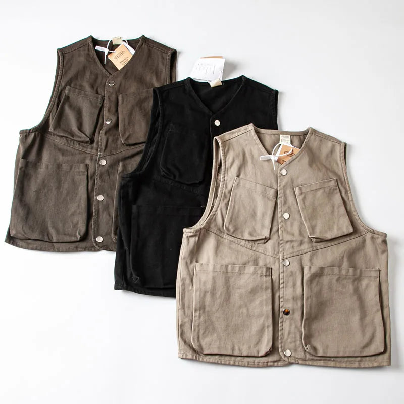 Threebooy Japan Retro Heavy Twill Fabric Tooling Vest Functional Waistcoat Loose Fashionable High-end Pocket Couple Jacket Top Aesthetic
