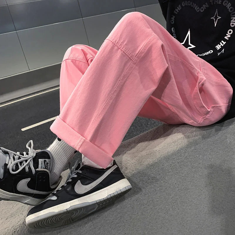 Threebooy Men's Loose Cargo Vintage Casual Pants Fashion Trend Cotton Trousers Pink/black Color Popular Straight Pants Size M-2XL