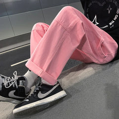 Threebooy Men's Loose Cargo Vintage Casual Pants Fashion Trend Cotton Trousers Pink/black Color Popular Straight Pants Size M-2XL
