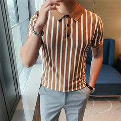 Threebooy Vintage Patchwork Knit Slim POLO Shirts Men Fashion Summer Short Sleeve POLO Shirt Casual Lapel Button Tops Men Streetwear