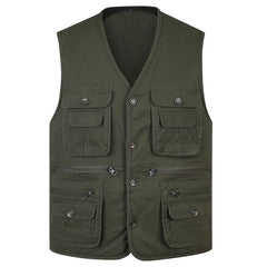 Threebooy  New Classic Summer Men Vest Cotton Button Multi Pocket Sleeveless Jacket Coat Solid Color Outdoor Fishing Waistcoat Plus Size