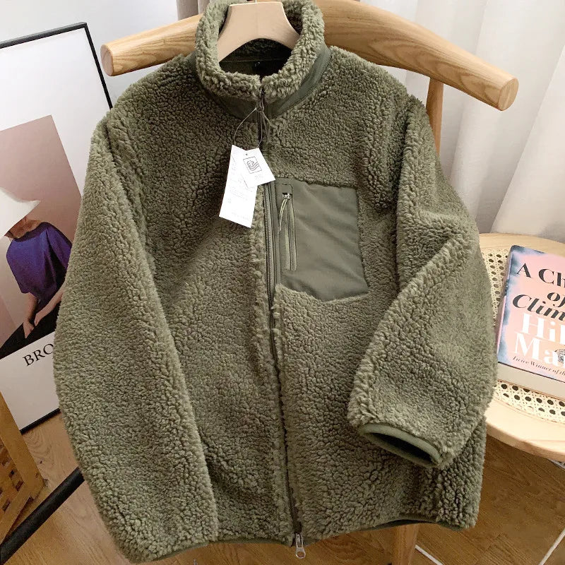 Threebooy Autumn Winter Lambswool Coat Male Loose Windproof Warm Sherpa Stand Collar Polar Fleece Jacket Unisex Simple  Pocket Spliced Top
