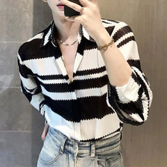 Threebooy Mens Casual Splicing Striped Long-Sleeved Shirt Genderless 2024 New Fashion Individuality Retro Thin Hollow Loose Top Unisex