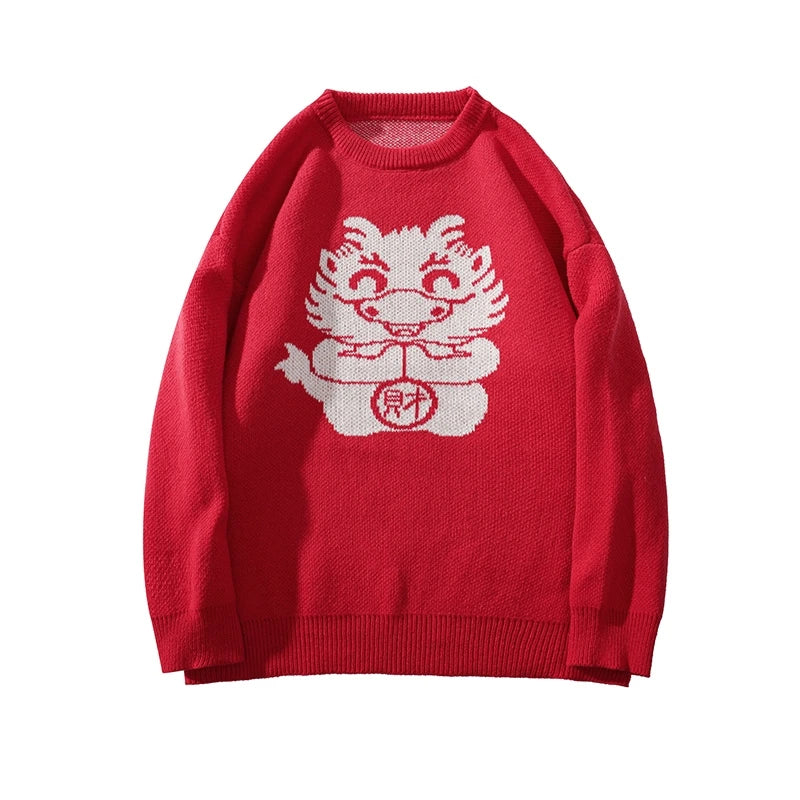 Threebooy Winter New Cartoon Dragon Graphic Lucky Red Sweater For Men Vintage Pullover Crew Neck Knitwear Christmas Sweater