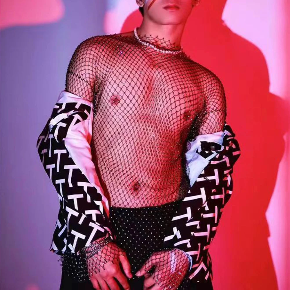 Threebooy Mens Rhinestone Fishnet Hollow Sexy T-Shirt Streetwear Niche Nightclub Stage Show Performance Long-Sleeved Top Men'S Clothing