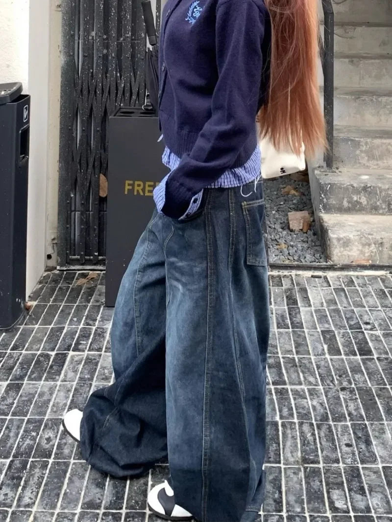Threebooy Y2K Fashion New Letters Embroidered Washed Baggy Jean Women Gothic Harajuku Vintage Hip Hop Pop Casual High Waist Wide Leg Pants