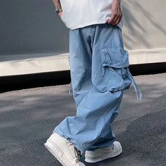 Threebooy Men Y2k Solid Cargo Pant Early Spring Korean Straight Oversize Casual Wide-Leg Trousers Streetwear Male Big Pockets Sweatpants