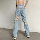 Threebooy Y2K Unisex Perforated Jeans Mens Summer Korean 2024 Slim Design Straight Wide Leg Denim Pants LGBT Man Sexy Ripped Fringed Jeans