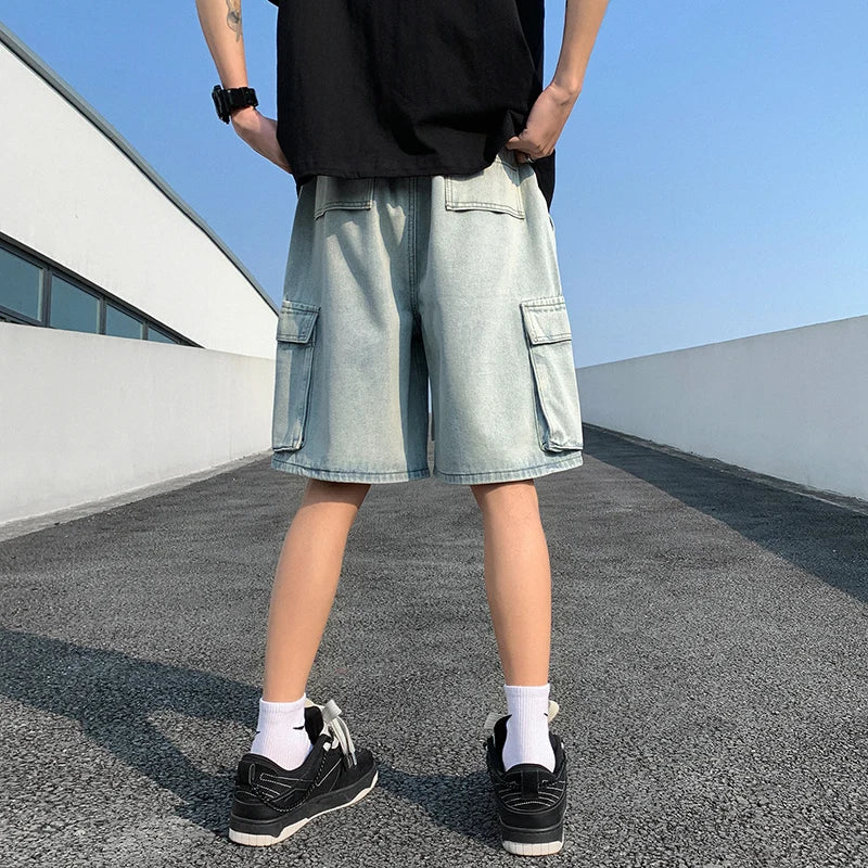 Threebooy Korean Summer Men's Wide Leg Denim Shorts New Fashion Loose Casual Elastic Waist Large Pocket Work Shorts Men's Brand Clothing