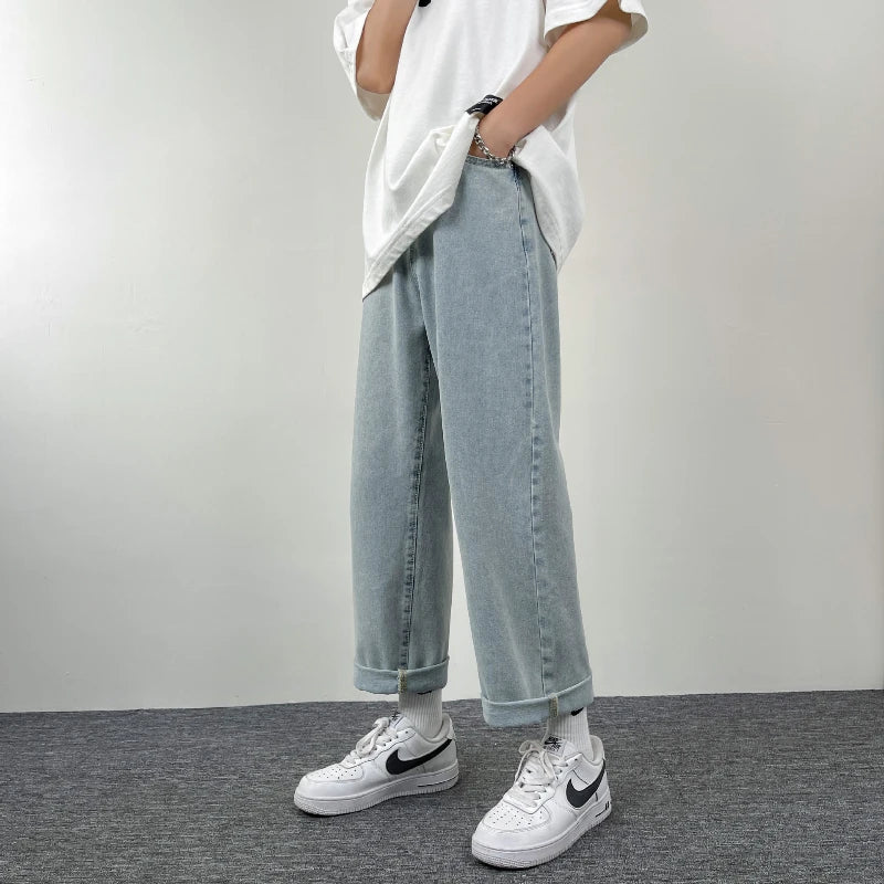 Threebooy New Korean Fashion Men's Casual Baggy Long Jeans Classic Man Straight Denim Wide-leg Pants Solid Color