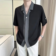 Threebooy  Summer Splicing Ice Silk Cuban Collar Shirt Men Half Sleeve Loose Casual Shirts Fashion Vacation Hawaii Streetwear Shirt