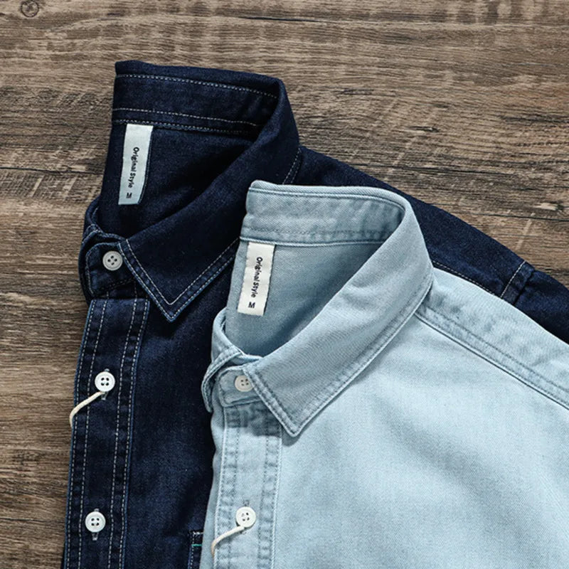 Threebooy  Spring And Autumn Men's Denim Long Sleeved Shirt With Double Pockets American Work Style Loose Fitting Washed Denim Shirt Jacket