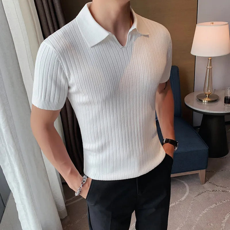 Threebooy  British Style Men's Summer Casual Short Sleeves Polo Shirts/Male Slim Fit High Quality Stripe Knitted V-neck Polo Shirts