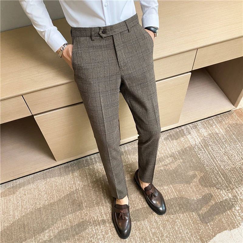 Threebooy  Chic Coffee Blue Grey Pants Men Elegant Slim Fit Plaid Suit Trousers Pants For Men Office Party Trousers Mens Dress Pants