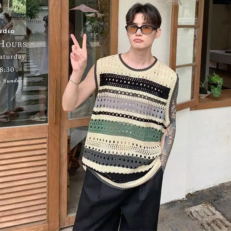 Threebooy  Elegant Fashion Harajuku Slim Fit Ropa Hombre Loose Casual All Match Knitwear Stripe Hollow Out Tshirts O Neck Sleeveless Vest