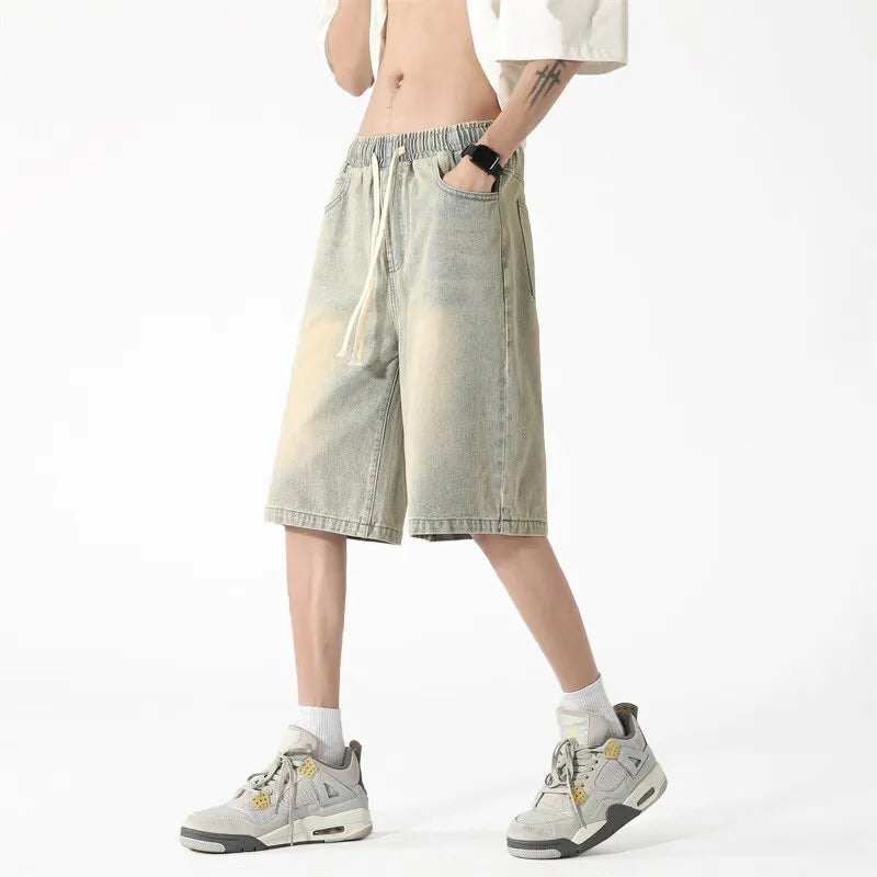 Threebooy Mens Denim Shorts Elastic Waist Drawstring Washed Classic Casual Summer Streetwear Vintage Stonewash Comfort Fit 2025 Fashion