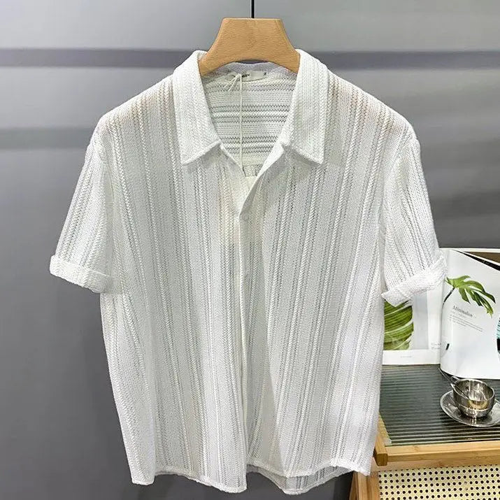 Threebooy Elegant Shirt Striped Simple Hollow Short-sleeved Top Summer Thin Loose Handsome Casual Drooping Men's Shirt Aesthetic