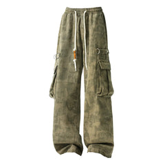 Threebooy Men Military Camo Workwear Cargo Pants Elastic Waistband Drawstring Tactical Joggers Loose Straight Leg Big Side Pockets Outdoor