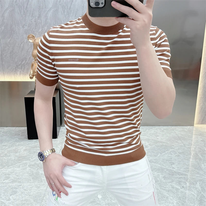Threebooy  Summer Striped Knitted Round Neck T-shirts Men Slim Fit Short Sleeve Casual Business Tshirt Ice Silk Breathable Knitwear M-4XL