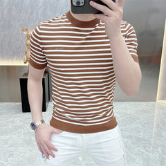 Threebooy  Summer Striped Knitted Round Neck T-shirts Men Slim Fit Short Sleeve Casual Business Tshirt Ice Silk Breathable Knitwear M-4XL