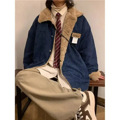 Threebooy Men's Retro Corduroy Padded Jacket Women Winter Loose Casual Thickened Cotton Turndown Collar Single-breasted Long Sleeves Tops