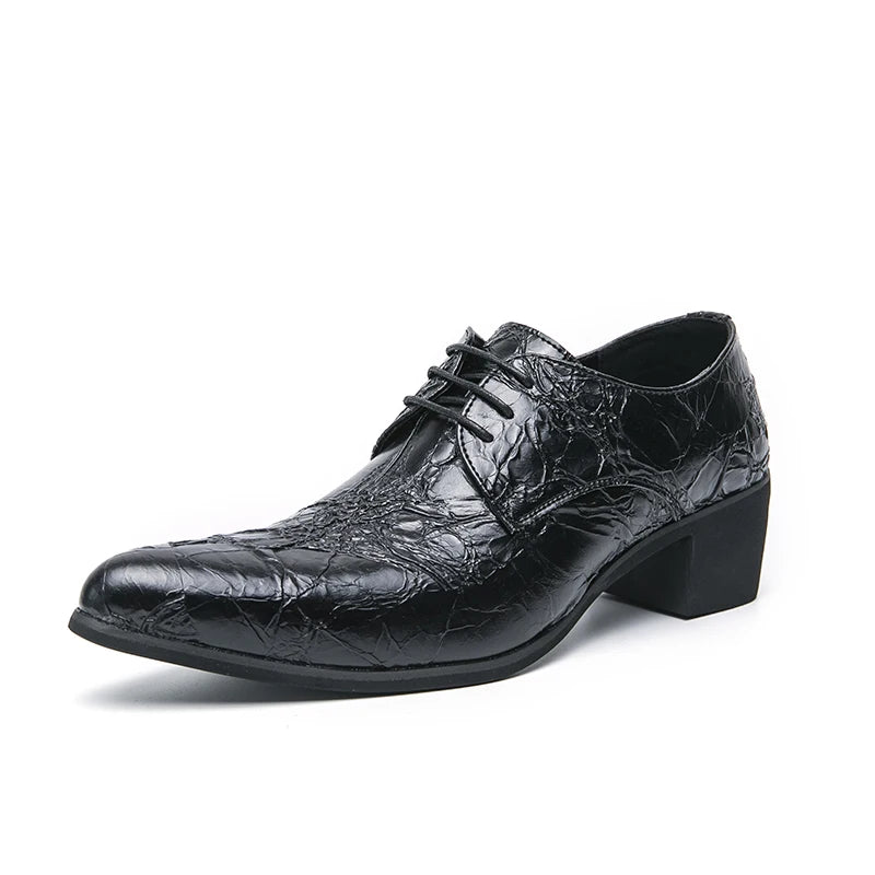 Threebooy  Men High Heeled Lace Up Derby Shoes PU Embossed Fashionable  Comfortable Business Formal Banquet Men Shoes